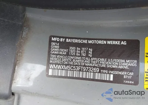 2015 Mini Hardtop Cooper из США, поврежденный, VIN WMWXM5C53FT973269